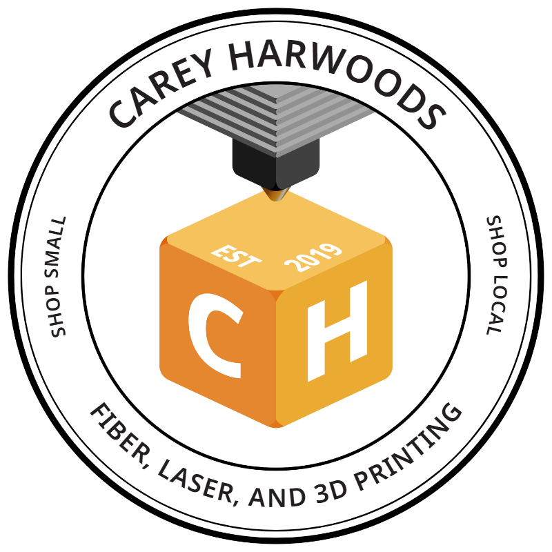 Carey Harwoods circular logo: a 3D printer nozzle printing a honey-colored cube