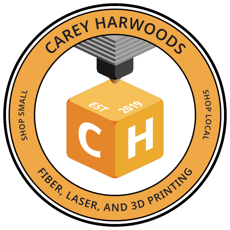 Carey Harwoods circular logo: a 3D printer nozzle printing a honey-colored cube